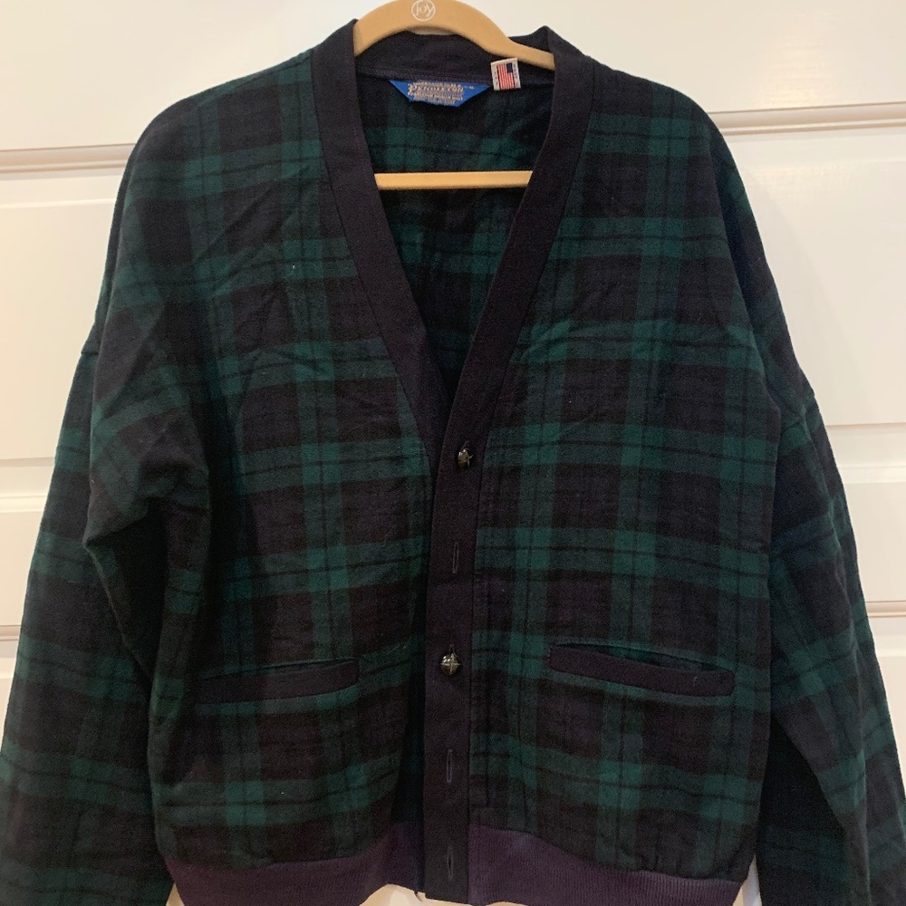 Vintage Pendleton Mens Wool Cardigan Plaid Navy Blue Red USA Made Size M